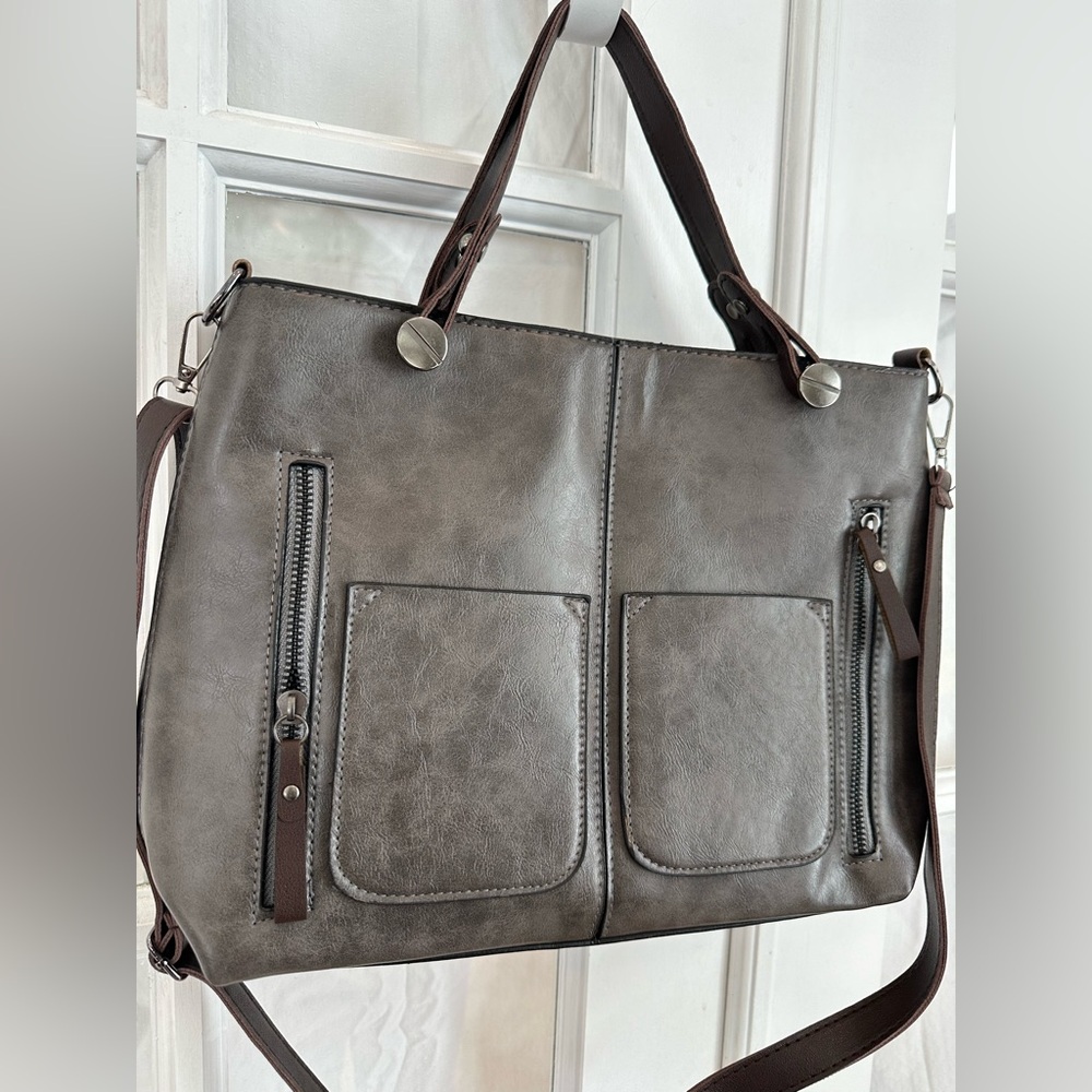 Non-branded, vegan leather, gray tote bag